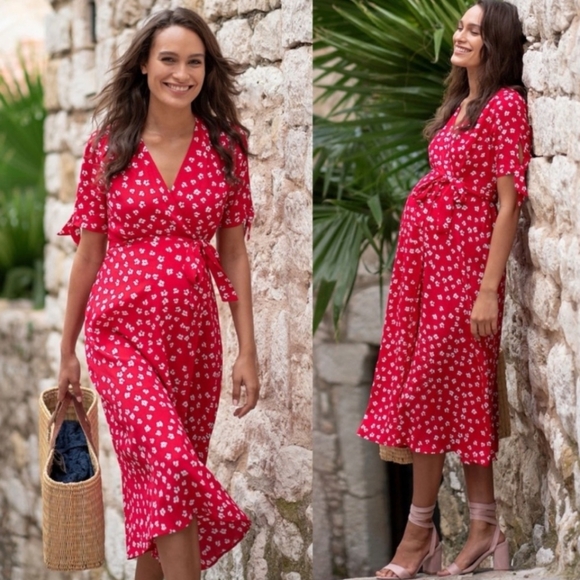Seraphine Dresses & Skirts - Seraphine Red Midi Wrap Floral Print Maternity Dress Women's Size 6